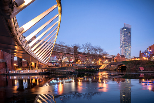 View from under a canal bridge in Manchester