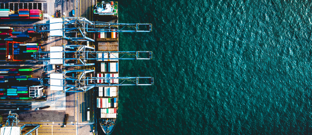 Container cargo freight ship with working crane bridge discharge at container terminal