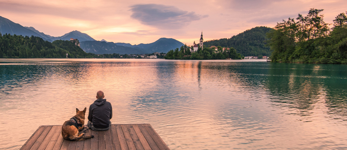 Man and dog on wooden deck