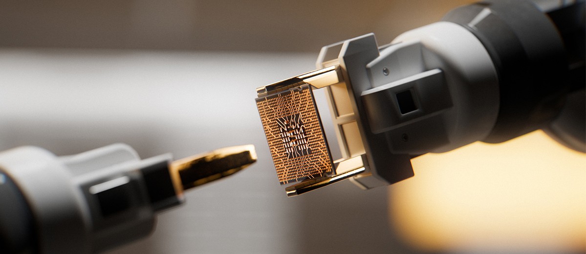 An automated robotic arm is gripping a CPU inside of a circuit board factory.