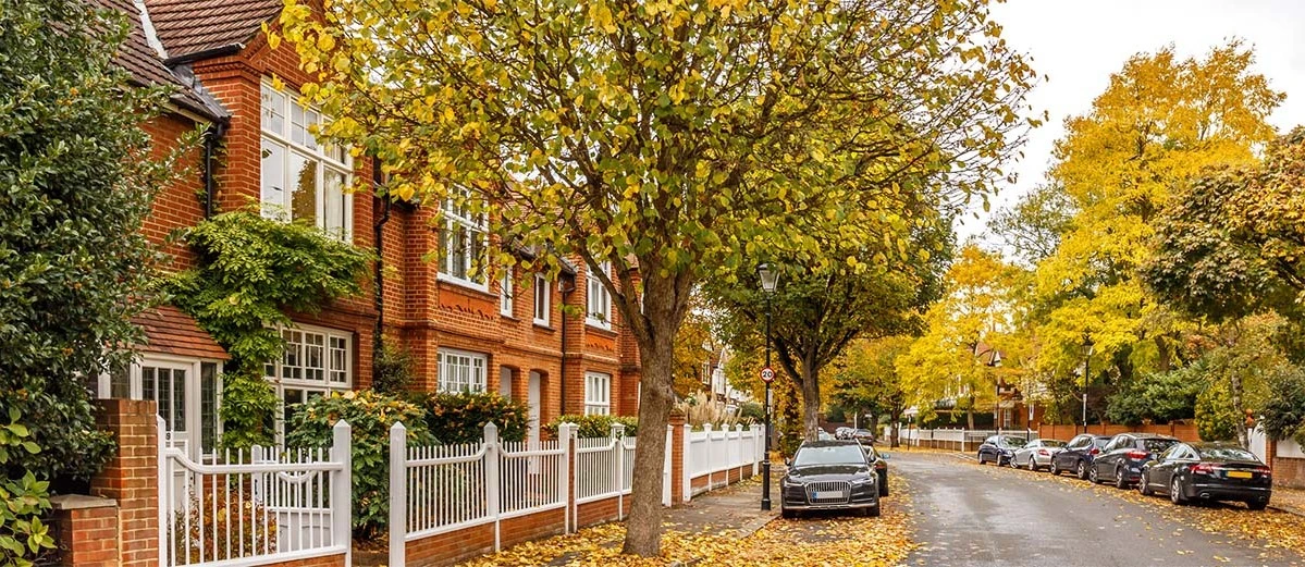 Chiswick suburb street in autumn, London, England