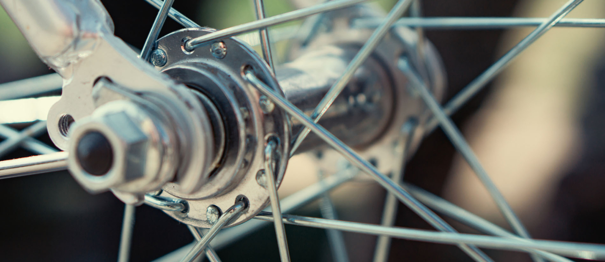 Close up of the hub and spokes on a bike wheel