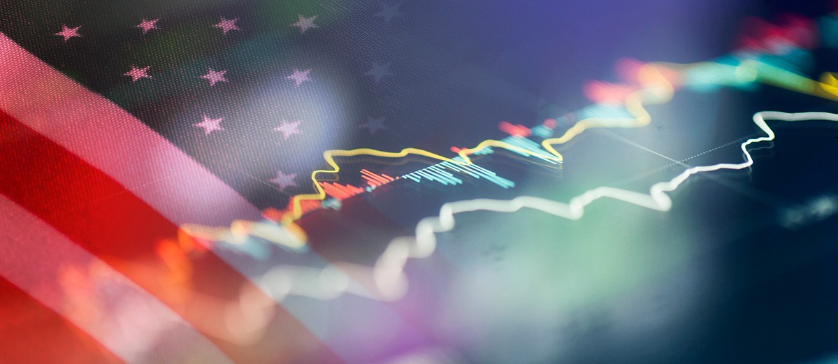US flag overlayed with stock graph