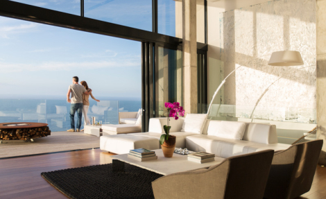 Standing on balcony modern house