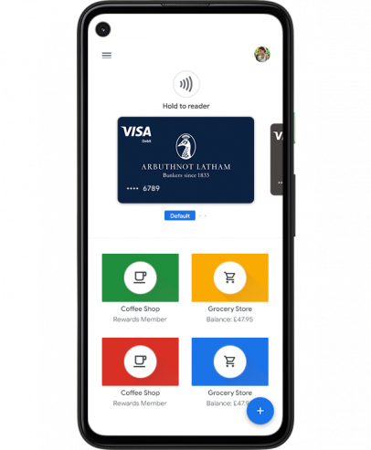 Image of a smartphone showing an Arbuthnot Latham card in Google Pay