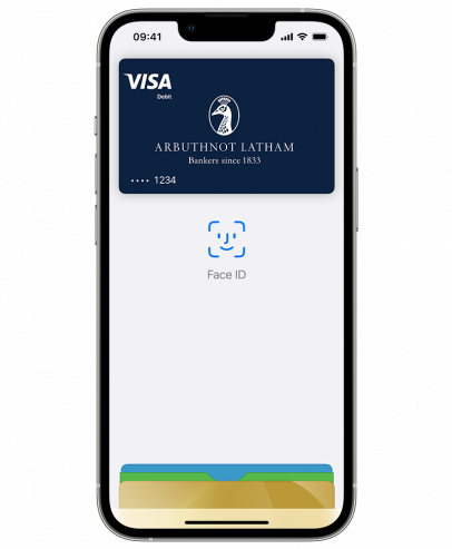 Image of an iPhone showing an Arbuthnot Latham card in Apple Pay
