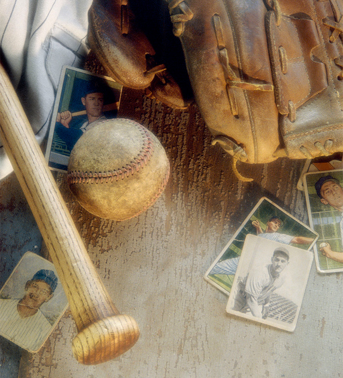Vintage baseball memorabilia, including baseball cards.